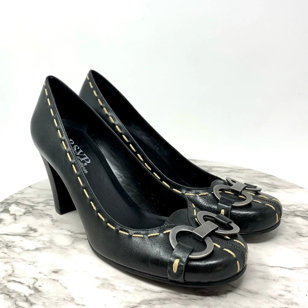RSVP Collection Contrast Stitch Buckle hardware black leather pumps 9 classic - Picture 14 of 14